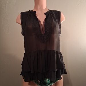 Rebecca Taylor Womens Sleeveless V Neck Black Sheer  Top Size 4
